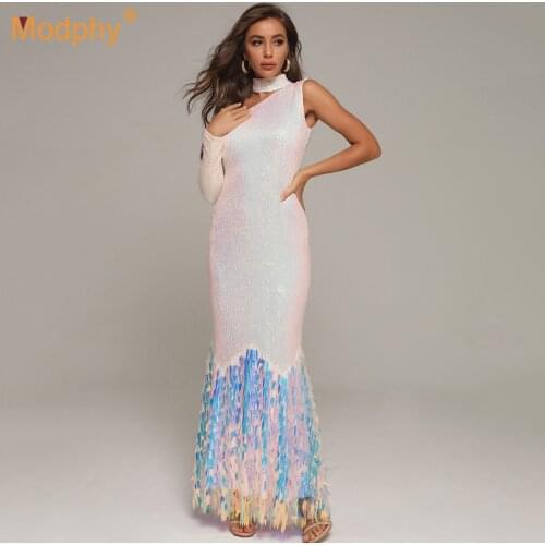 2020 Autumn New One-Shoulder Sequined Bodycon Dress Sexy High-Neck Hollow Long-Sleeved Celebrity Club Party Dress Vestidos
