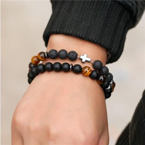 New Classic Hematite Cross Bracelets Sets 8mm Lava Tiger Eye Stone Beads Couple Bracelet Sets Hand Jewelry For Birthday Gift