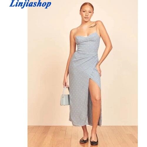 Midi Dress Sexy Side Split Ruched Vestidos White Dot Print Adjust Spaghetti Strap Dress Vintage Blue Tube Top