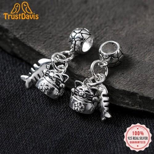 TrustDavis Real 925 Sterling Thai Silver Fashion Sweet Animal Cat Fish Charms For Bracelet or Necklace DIY Accessories DZ219