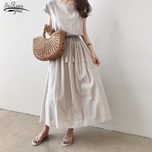 Casual Cotton Linen A-line Literary Artistic Swing Dress Summer Waist Loose Plus Size Dress Gentle Solid O-neck Belt Dress 15815