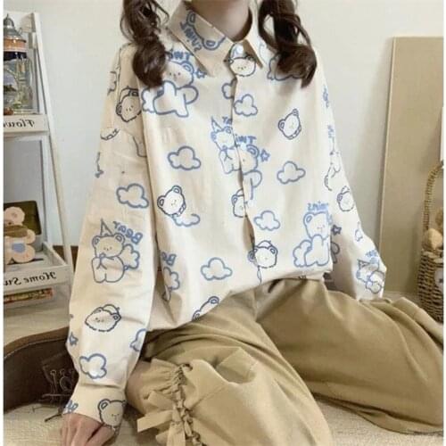 Age-reducing bear print Long sleeve shirt women spring and fallKorean retro loose casual student white shirt 2021 new fashion