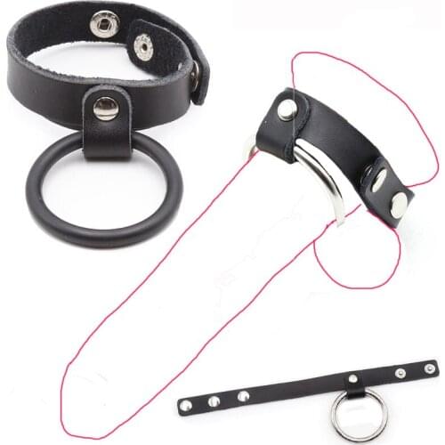 Sex Metal Penis Ring with Leather Scrotum Bondage Straps Adjustable Delay Cock Ring Penis Retarded Ejaculation Sex Toys for Men