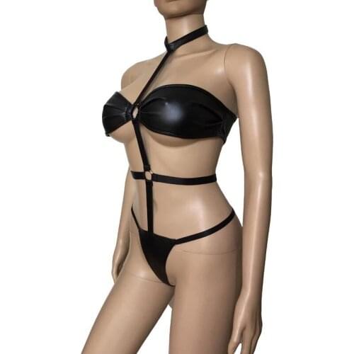 Sexy Woman Quality Faux Leather Bandeau Bra Strappy Body Harness Backless Bodysuit Mistress Fetish Role Play Costume