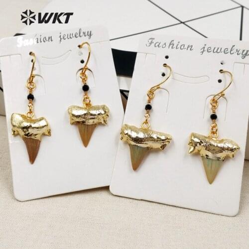 WT-E419 WKT Wholesale Fashion Natural stone Earrings shark tooth earring with gold metal plated high quality unique style