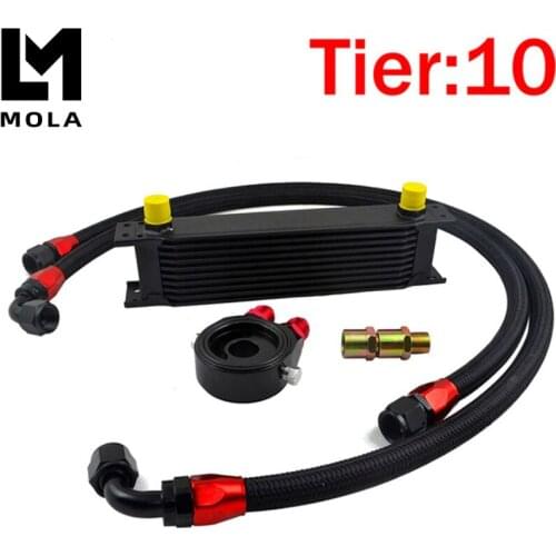 UNIVERSAL 10 ROWS OIL COOLER KIT +OIL FILTER SANDWICH ADAPTER BLACK + SS STAINLESS STEEL BRAIDED AN10 HOSE