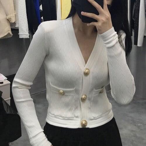V-neck Lion Buttons Metal Female Women Jackets New Fund 2021 Spring Fashion Knitted Cardigan Sweater Coat
