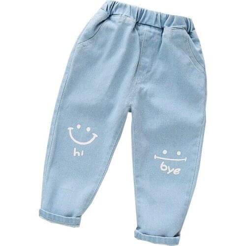 Spring Autumn Breathable Toddlers Trousers Little Girls Creative Smiling Face Letter Printing Long Jeans Loose Denim Pants