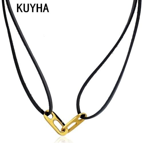 Vintage Black Color Leather Rope Adjustable Steel Necklace for Women Minimalist Metal Chains Choker Punk Jewelry