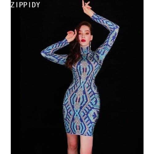 Bright Blue Silver Stones Dress Birthday Prom Evening Costume Female Singer Show Wear Spandex Celebrate mini Dress