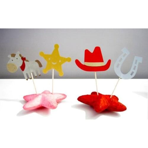 Western cowboy Cupcake Toppers wedding birthday baby shower Party food picks Horse with bandana Horseshoe Sheriff Badge Hat