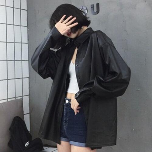 New chic Motor Biker Jacket Women PU leather blouses Spring Autumn Black Faux Leather Turn-down Collar Basic Coat