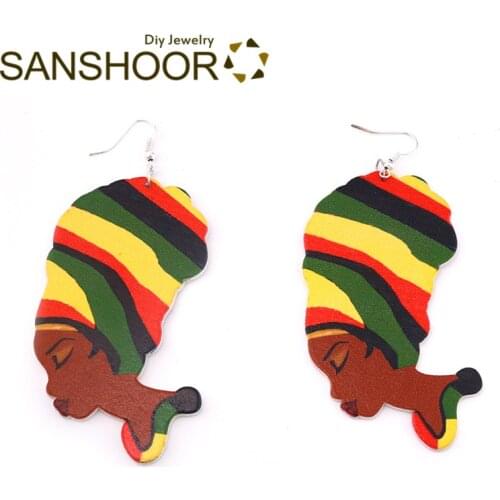 SANSHOOR Printed African Rasta Woman Wooden Earrings Drop Dangles Afrocentric Queen Headwrap Jewelry For Women 2Pairs