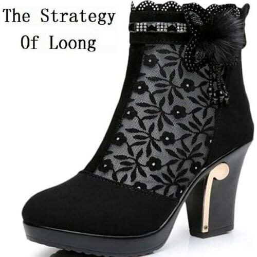 Women Summer Full Grain Leather Cut Outs Flowers Breathable High Heels Shoes Genuine Leather Fashion Grace Lady Half Boots 1116