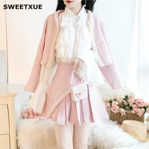 SWEETXUE Tweed Two-Piece Set Short Beaded Jacket + Asymmetric Pleated Skirt Plaid Elegant Temperament Chic Women Suit 2020 New