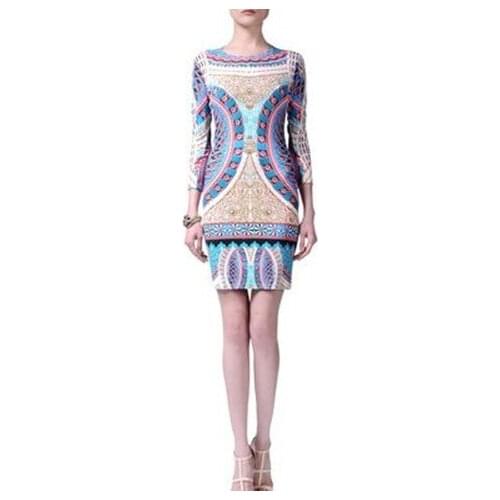Womens geometry of blue and white porcelain palace fashion printing elastic knitting slim dress Italy synchronization