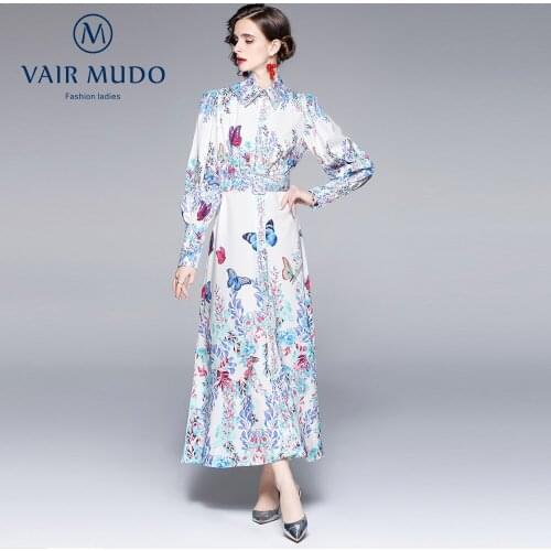 Early Autumn Dress New Product Lapel Single-Breasted Long Printed Dress With Belt A-Line Skirt Women Elegant Fashion FemaleY-222