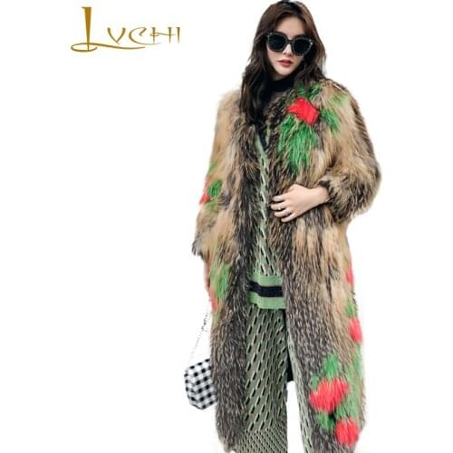 LVCHI 2019 New Update Winter Real Fur Coats Natural Fox Fur Coat Womens O-Neck Print Contrast Color Long Waving Fox Fur Coats