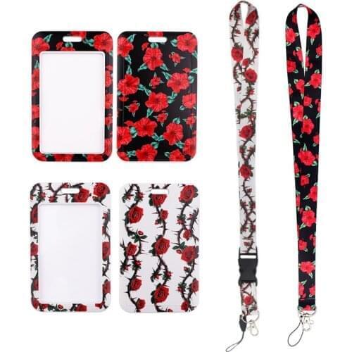 24pcs/lot MD643 DMLSKY Cartoon Flower Card Holder ID Holder Bus Card Holder Staff Card With Rose Lanyard