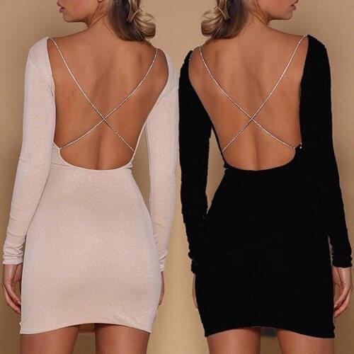 BacklakeGirls Sexy Cross Criss Back Long Sleeve Mini Cocktail Dress Solid Color Backless Night Club Dress Vestidos Para Fiesta