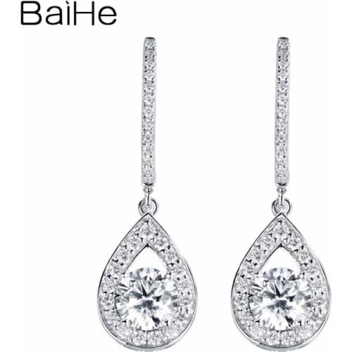BAIHE Solid 14K White Gold 0.70ct Round No main stone Women Trendy Fine Jewelry Exquisite Drop-shaped Half Tray Earrings Women