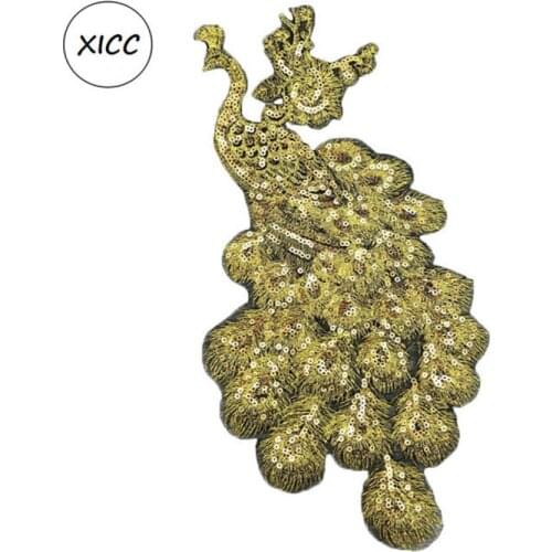 A Level Gold Peafowl Paillette Sparkle Iron On Patches for Dance Cloth Cheongsam Decoration DIY Luxury Sequin Transfers Applique