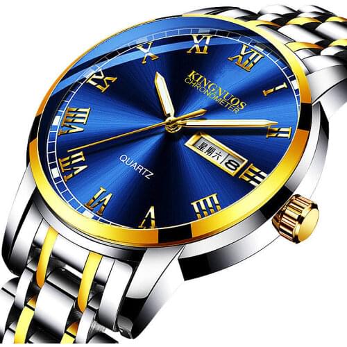 KINGNUOS Gold Men Watch Luxury Stainless steel Male Clock Quartz Waterproof Wrist Watches Calendar Week Date Business Style Man