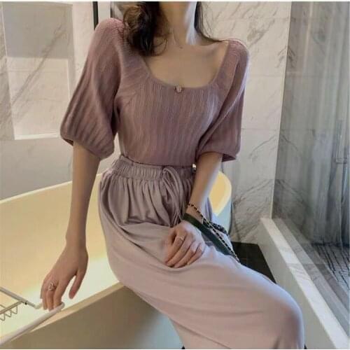 French Small Fragrant Wind Square Collar Middle-sleeve T-shirt for Women Puff Sleeve Ice Silk Knitted Tee Top