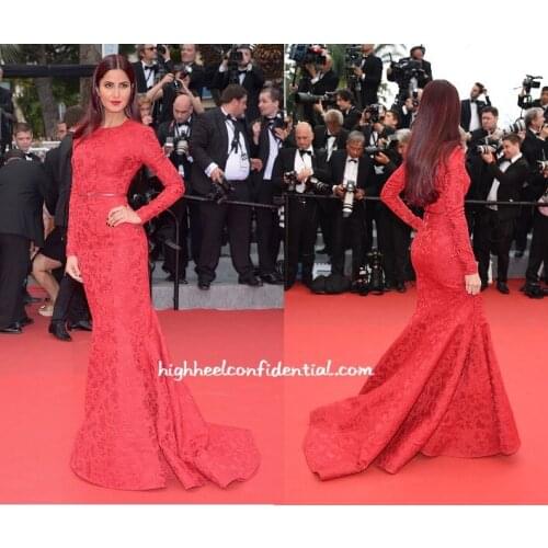 Sexy Katrina Kaif Red Long Sleeve Mermaid Lace Sheath Evening Dresses Celebrity Dress Cannes Festival 2015 Evening Gowns CD11