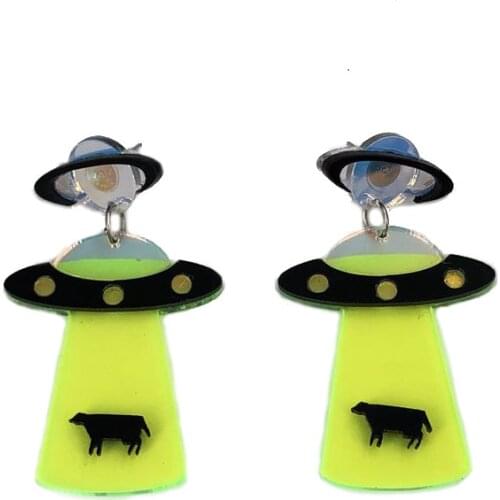 Creative Resin Fluorescent Green UFO Eardrop Scientific Exploration Emulational Alien Ship Earrings Student Children Gifts