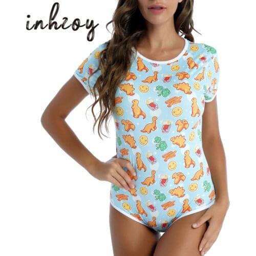 Cute Womens Adult Cartoon Pattern Button Crotch Romper Bodysuit Pajamas Sexy One Pcs PJ Nightwear