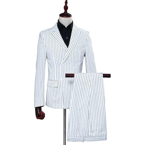 White Stripe Elegant Suit Blazer With Pants 2 Pieces Set Men Business Slim Formal Jacket For Shows Party Double Breasted Coat
