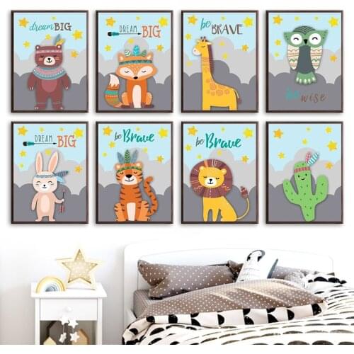 Bear Tiger Fox Giraffe Lion Owl Cactus Nursery Wall Art Canvas Painting Nordic Posters And Prints Wall Pictures Kids Room Decor