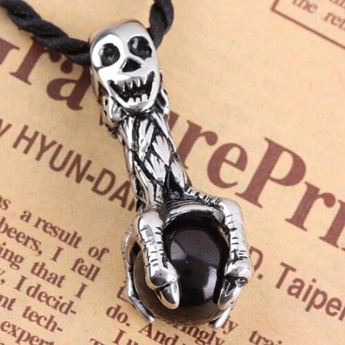 Gothic Style Black Agate Skull Stainless Steel Eagle Claw Pendant Punk Hip Hop Charms For Jewelry Making Necklace Accessories
