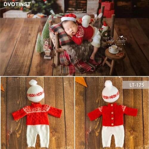 Dvotinst Newborn Baby Photography Props Soft Wool Knitted Christmas Outfits Hat 3pcs Pants New Year Studio Shoots Photo Props