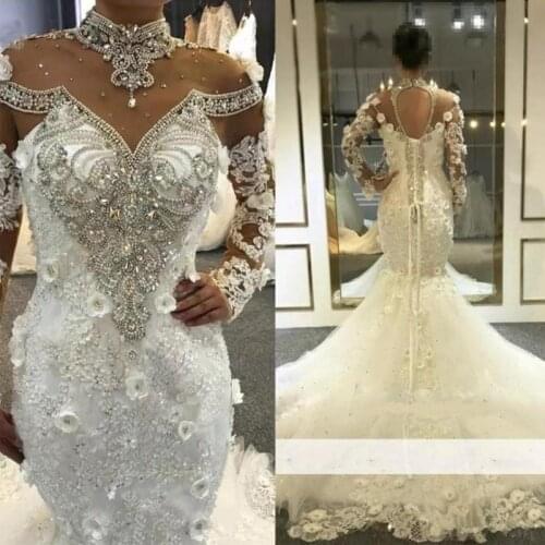 Luxury Gorgeous Beading Crystal Long Wedding Dresses 2020 High Neck Long Sleeve 3D Lace Applique Plus Size Bridal Gowns