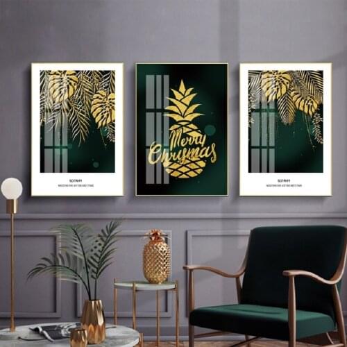 Merry Christmas Gold Leaves Pineapple Wall Art Canvas Paintings Nordic Posters New Year Decor Picture for Living Room Home