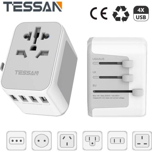 TESSAN International Travel Adapter Power Outlet with 4 USB Charge Ports and Spare Fuse Universal Plug Electrical Socket