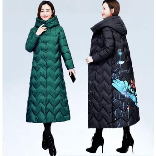 2021 Autumn And Winter jacket Coat new Long sleeve Cotton Parkas women vintage Print Large size S-4XL Hooded Long section Coats