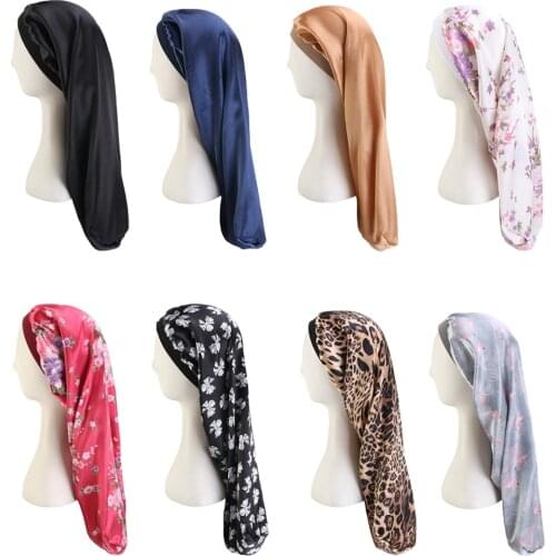 Women Wide Band Satin Sleep Night Cap Floral Print Long Tube Bonnet Beauty Hair Care Cap Hair Loss Wraps Ladies Headwear New