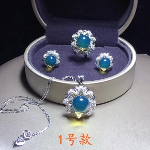 Natural 925 sterling silver inlaid 100% real blue amber beads necklace ring earrings for women amber bracelet jewelry sets