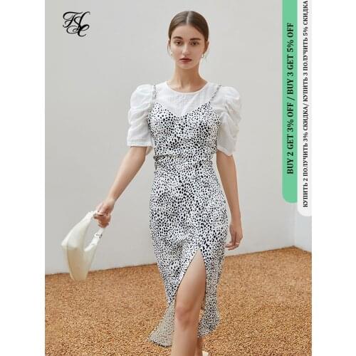 FANSILANEN Office Lady Korean Chain Black White Leopard Print Dress 2021 Summer New Front Side Slit High Waist Women Dress