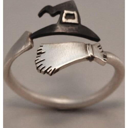 Wholesale European Fashion Woman Man Party Wedding Gift Silver Witch Hat Broom Open 925 Anillos Silver Ring