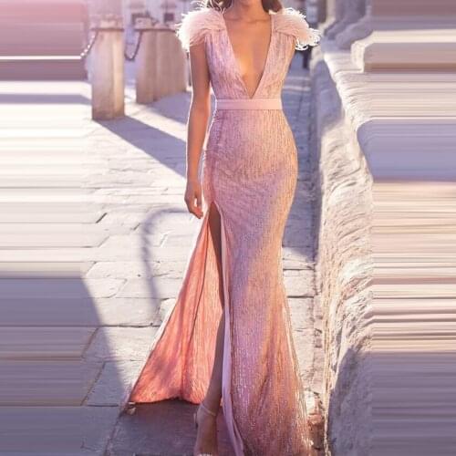 Elegant Pink Evening Gowns Sheath Deep V-Neck With Tassels High Slit Full Sequins With Train Prom Party Dresses