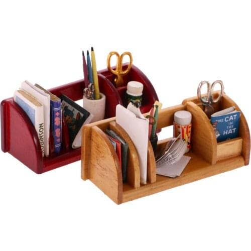 1/12 Dollhouse Miniature Furniture Book Shelf Study Table Storage Wood Color Doll House Accessory for Kids Toys Birthday Gift