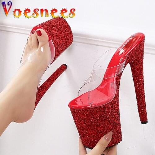 Sexy Nightclub Fashion Bling Women Shoes Summer Transparent Sequins Slipper 20CM Super Thin High Heels Platform Party Sandals