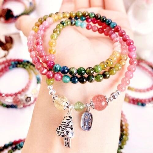 Original Design Candy Color Natural Tourmaline Crystal Bracelets for Women Girls 925 Silver Lucky Cat Pendant Multilayer Jewelry