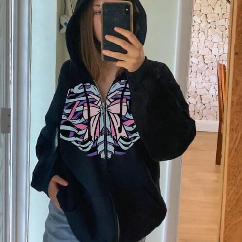 Harajuku Print Black Jackets Hoodies Women Zip Up Lantern Sleeve Autumn Pullovers Korean Fashion Sweatshirts Gothic