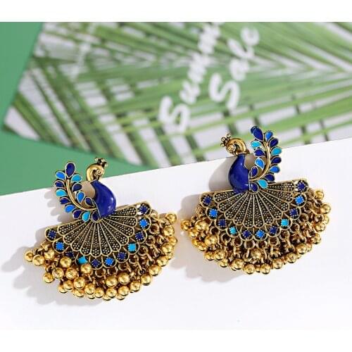 Gypsy Beads Tassel Indian Pendientes Jhumka Earrings For Women Bohemian Retro Gold Colorful Peacock Fan Shape Jewelry Earrings