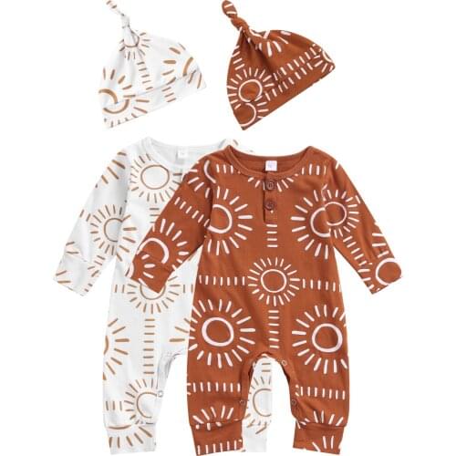 Infant Baby Girls Boys Casual Jumpsuit with Hat Fashion Sun Printing Long Sleeve Romper Long Pants